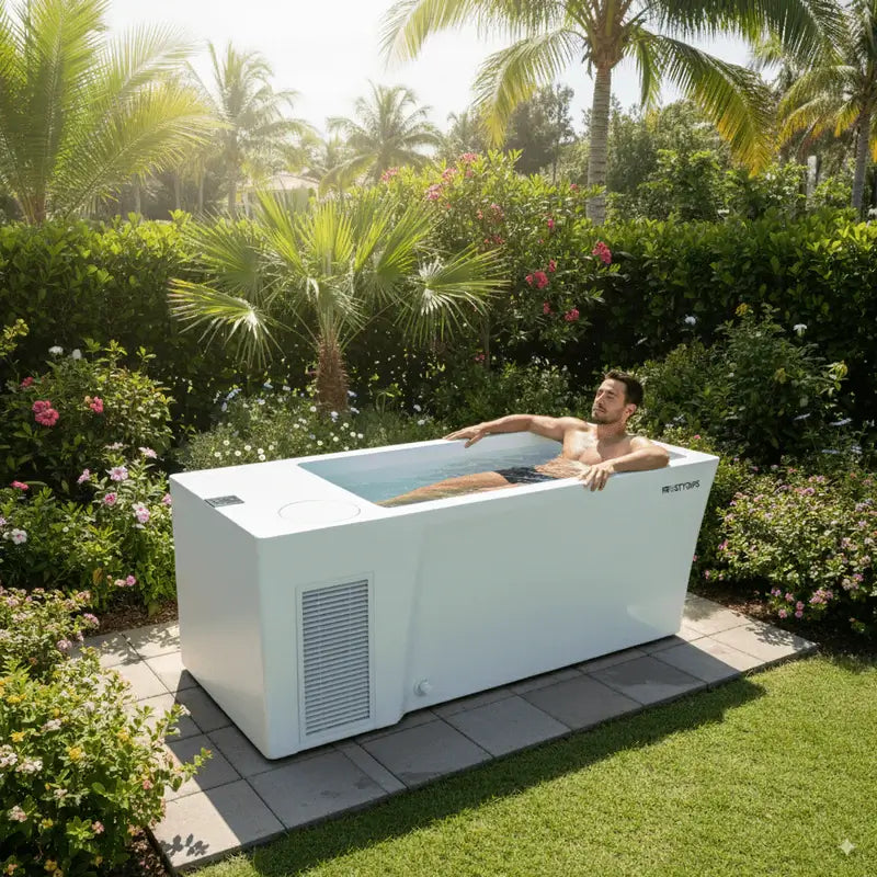 ijsbad kopen Elite PRO volledig acryl ijsbad met koeler man geniet van koudetherapie in de tuin met IJSBADPRO